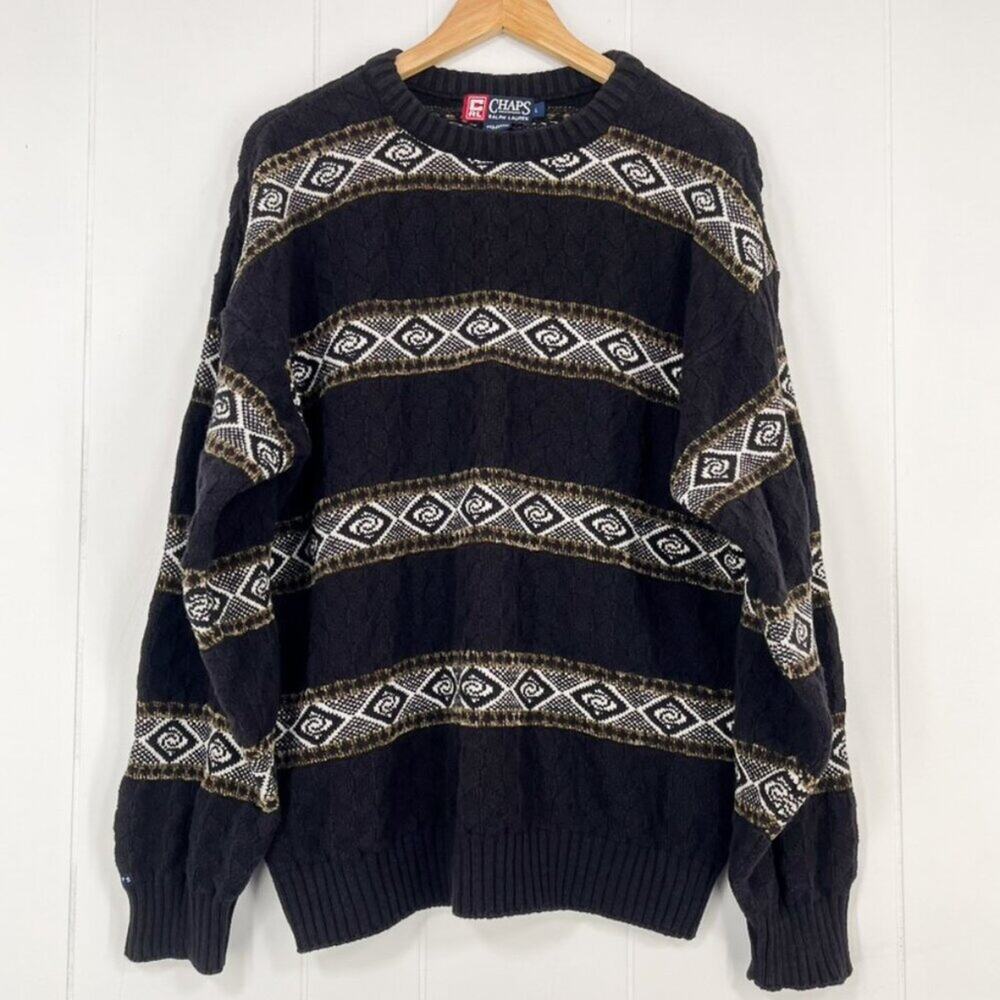 VTG CHAPS Ralph Lauren Chunky Crewneck Sweater Preppy USA Size Large Black Brown